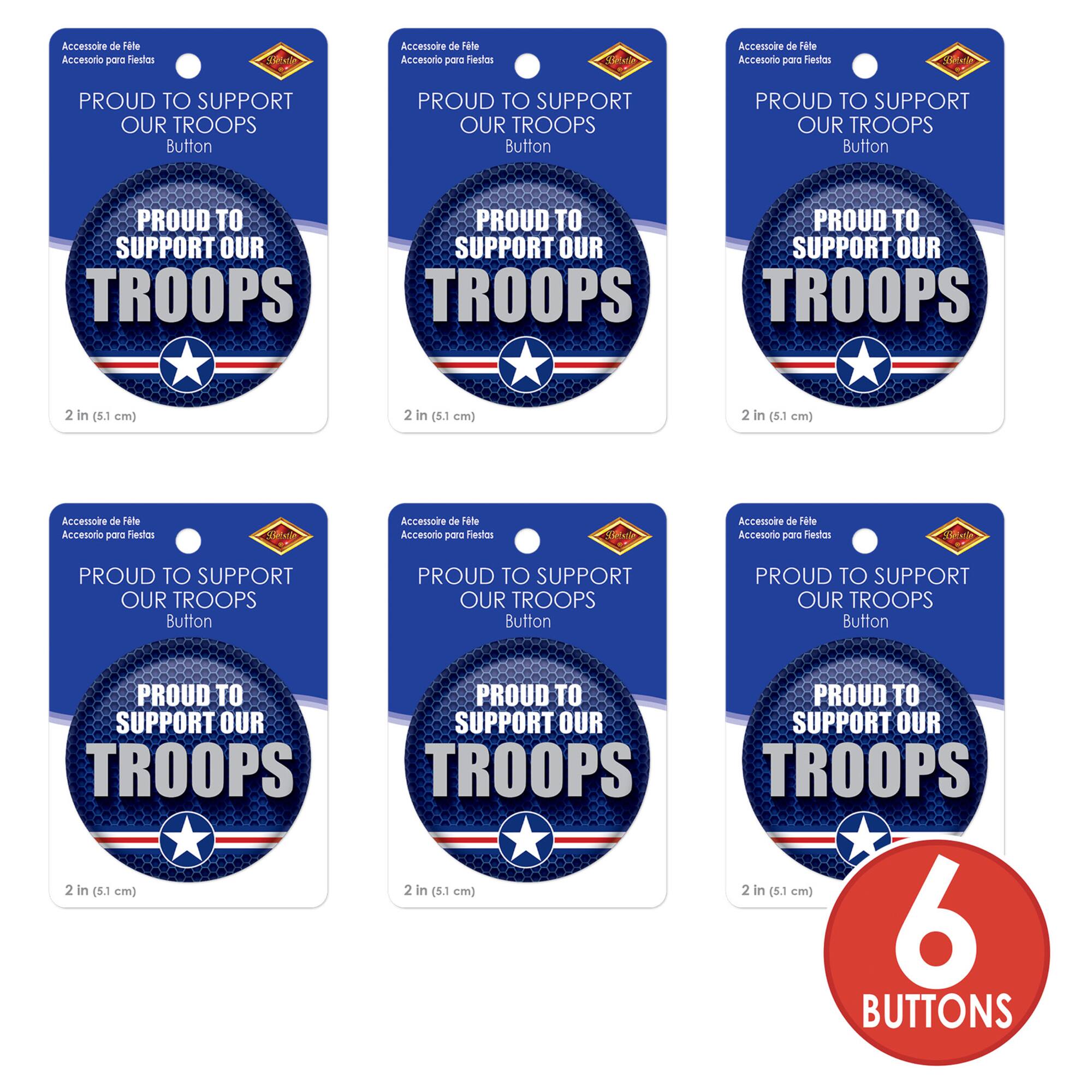 Beistle 2" Blue & Silver Proud To Support Our Troops Buttons, 6ct.